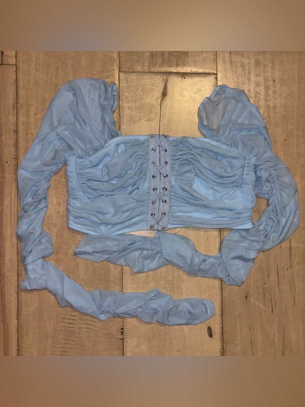 Pretty Little Thing Light Blue Ruched Lace-Up Puff Sleeve Crop Top